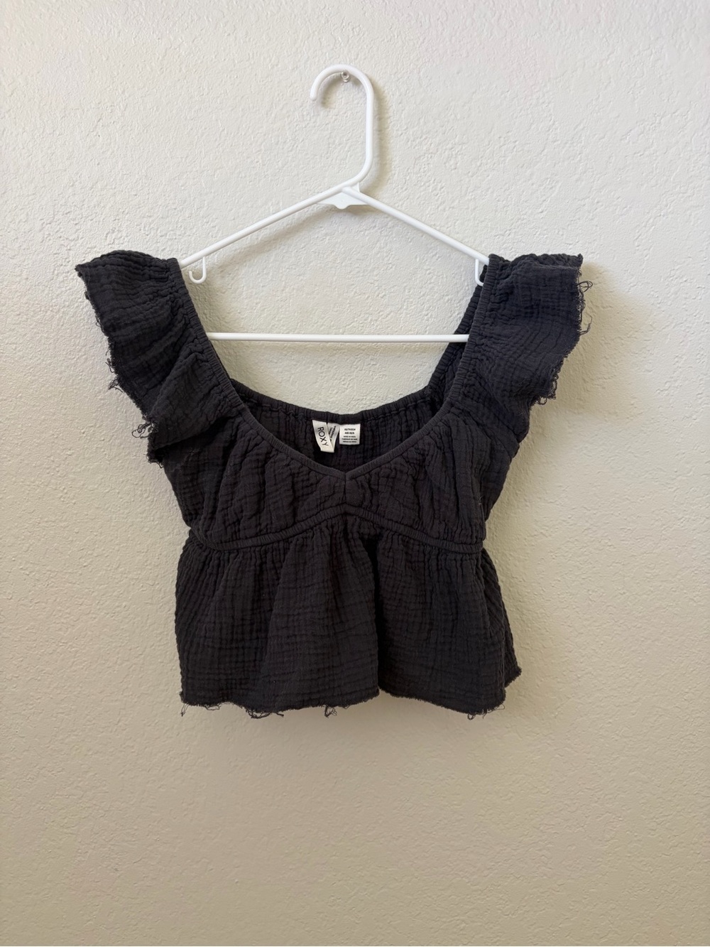 Roxy Black Smocked Crinkle Peplum Crop Top